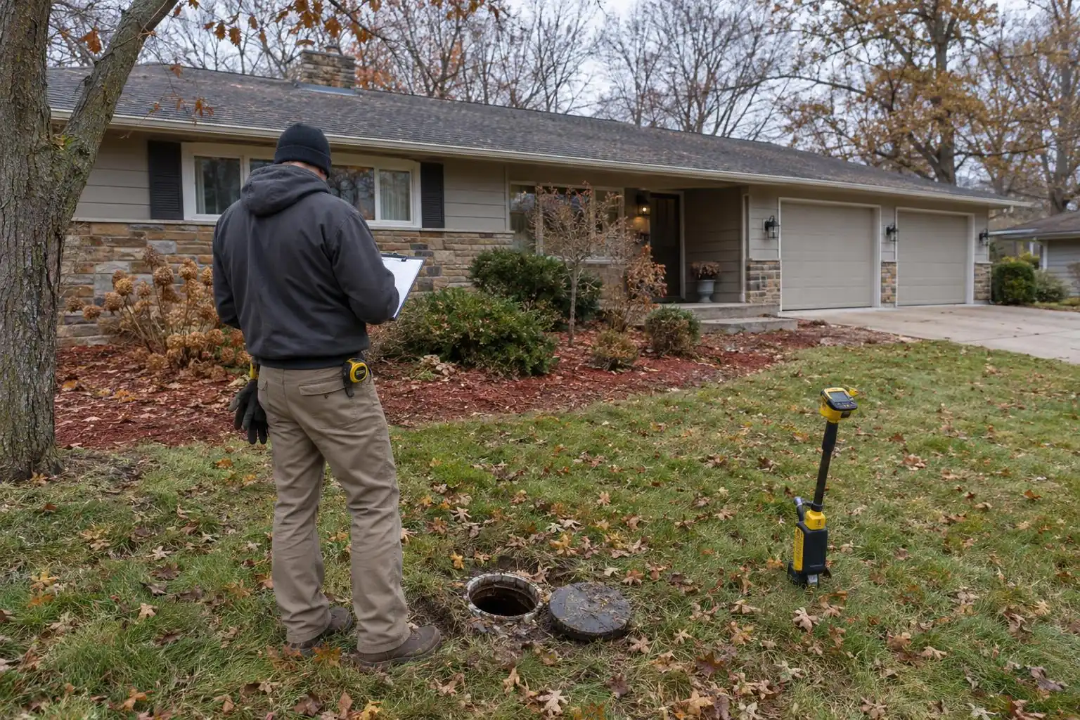 A technician with a clipboard standing beside an open cleanout and a yellow pipe locator in a front lawn